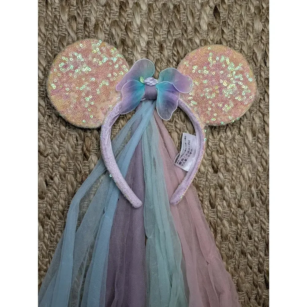 Disney Mini Mouse Ears Pink Sequin Fairy Headband Butterfly Princess Costume